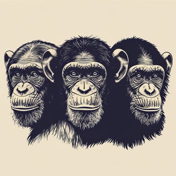 Three distinct chimpanzees are portrayed with detailed expressions, highlighting their unique features and characteristics. The artwork emphasizes their intelligent gaze and expressive faces.