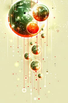 A visually striking arrangement of planets in various sizes and colors cascading down against a soft background. Radiant trails and small stars enhance the cosmic feel of the artwork.
