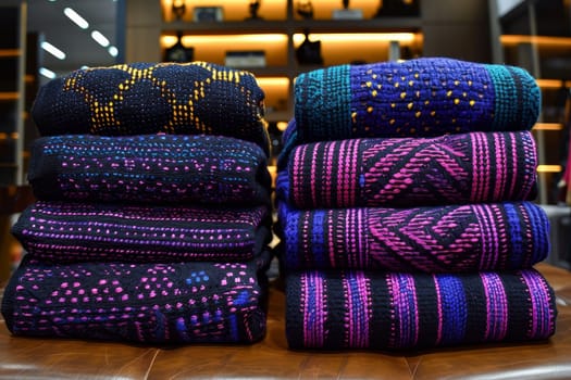 A vibrant assortment of woven textiles is neatly stacked on a wooden surface, showcasing intricate patterns and colors. These detailed handicrafts are arranged attractively in a craft store.