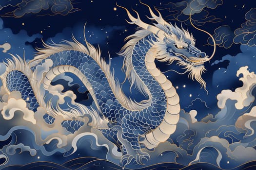 A stunning blue dragon weaves gracefully through swirling clouds under a starry night sky, showcasing intricate scales and a fierce expression while its mane flows elegantly behind.