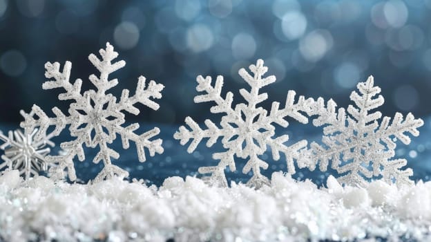 Delicate snowflakes are scattered across a snow-covered surface, sparkling under soft lighting. This winter scene captures the essence of the holiday season, evoking a sense of warmth and joy.