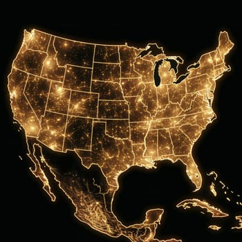 A detailed view of the United States illuminated by city lights at night highlights urban areas, highways, and geographic features across the entire country and parts of Mexico and Canada.