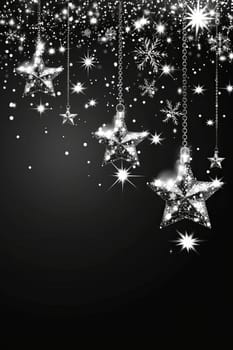 Shimmering silver stars and delicate snowflakes hang against a deep black backdrop, creating a festive atmosphere perfect for winter celebrations and holiday decorations.