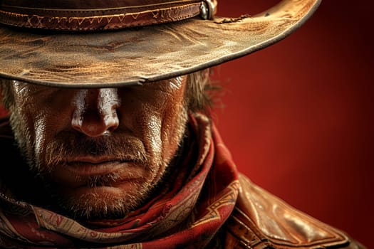A cowboy stands with his head lowered, wearing a worn hat and scarf. The dramatic lighting accentuates his rugged facial features, evoking a sense of mystery and strength in a Western backdrop.