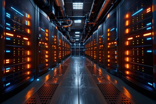 A high-tech data center displays rows of server racks glowing with vibrant orange and blue lights. The environment showcases advanced technology, emphasizing a sleek and organized setup.