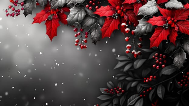 A beautiful arrangement of vibrant red poinsettias and dark green leaves creates a festive atmosphere. The background features a gradient of gray, enhancing the seasonal vibe with soft snowfall.