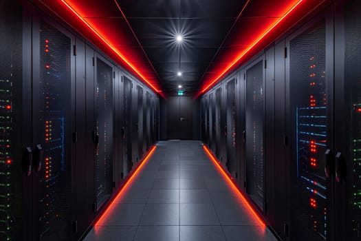 A corridor in a contemporary data center features sleek black server racks lined up on both sides, enhanced by striking red LED lights.