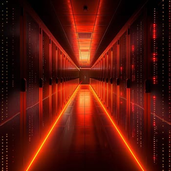 The corridor in a data center is lined with dark server racks glowing with red LED lights, creating an eerie yet captivating atmosphere as it stretches into the distance.
