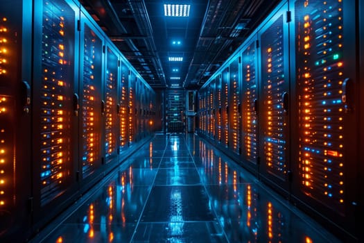 Rows of server racks illuminate a darkened data center, creating a striking visual with glowing lights reflecting on a polished floor.