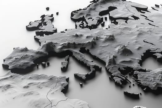 This 3D map of Europe highlights its diverse topography and geographical features, offering an informative view of the continent's landforms.