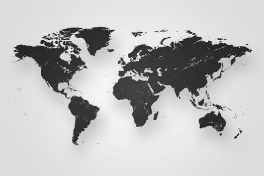 A detailed world map in black and white displays continents outlined against a light background. The contrasting design emphasizes geographical features and boundaries across the globe.