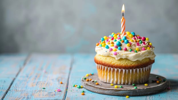 A delicious cupcake featuring vibrant frosting and colorful sprinkles sits on a rustic wooden table, topped with a single lit candle, perfect for a celebration or birthday event.