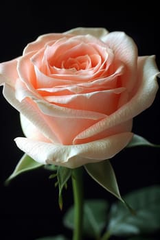 A stunning peach rose stands tall, showcasing its delicate petals and natural beauty. The dark background enhances the flower's vibrancy, creating a striking visual contrast.