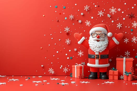 A joyful Santa Claus figure stands with open arms amidst festive decorations and bright gifts. Snowflakes and colored dots brighten the vibrant red background, capturing the Christmas spirit.