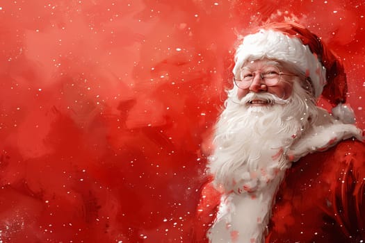 A joyful Santa Claus in a red suit and white beard smiles broadly, embodying the spirit of the season. The vibrant red backdrop enhances the cheerful atmosphere of the holiday celebration. Copy space