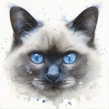 A detailed watercolor portrait showcases a Siamese cat with vibrant blue eyes. The artwork captures the feline's features with soft brush strokes and blending colors, creating a serene effect.