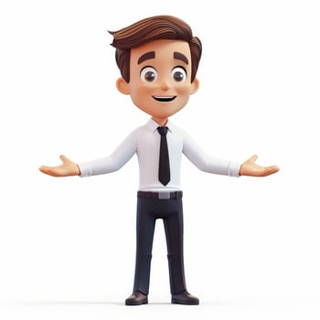 A cheerful cartoon character in a white shirt and black tie stands confidently with open arms, embodying a welcoming and friendly vibe, perfect for various promotional or business contexts.