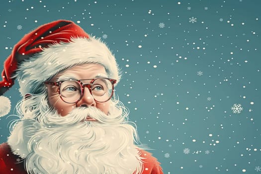 Santa Claus gazes upward, capturing the magic of winter as snowflakes fall softly around him. His iconic red hat and glasses highlight the festive atmosphere of the holiday season. Copy space