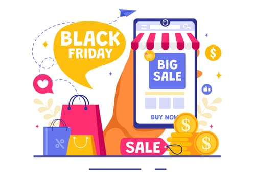 Black Friday Sale Event Vector Illustration with Shopping Paper Bags and Big Promotion Discount Purchases Goods for Promotions in a Flat Background
