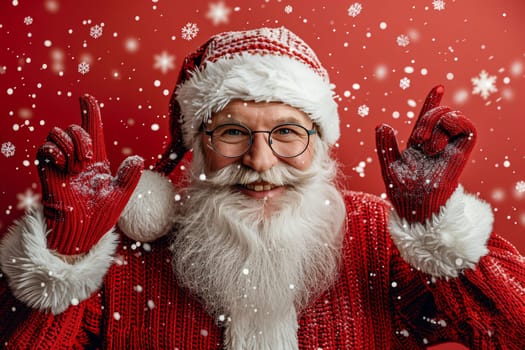 A cheerful Santa Claus wearing a traditional red outfit and glasses happily gestures with both hands, surrounded by falling snowflakes against a vibrant red background, embodying holiday spirit.