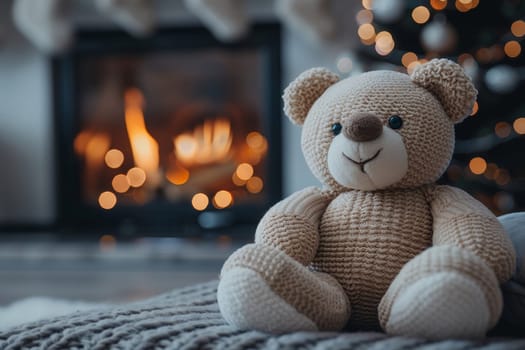 A knitted teddy bear sits on a soft blanket near a crackling fireplace, radiating warmth. Twinkling lights from a decorated tree create a festive ambiance in the cozy room.