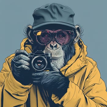 A monkey dressed in a bright yellow jacket and stylish glasses holds a camera, ready to capture moments. The vibrant character against a blue background adds a playful touch to photography.