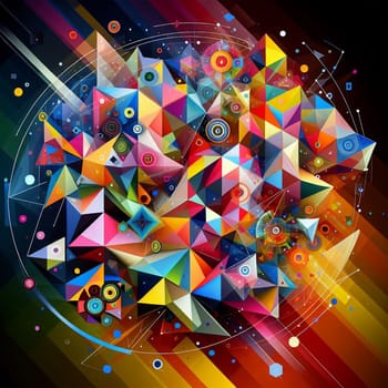 A colorful, abstract geometric design with triangles, circles, and lines. A high-quality AI-generated photo.