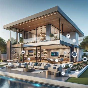A modern, smart home with technology integrated into the design. The house has a pool, a patio, and a large living area. A high-quality AI-generated photo.