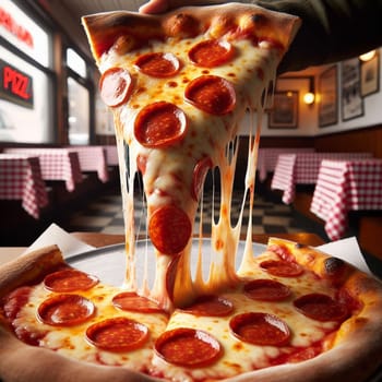 A hand holding up a slice of pepperoni pizza with melted cheese. A high-quality AI-generated photo.