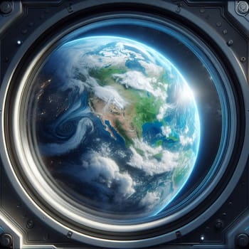 A view of Earth from the window of a spaceship, showing the planet's blue oceans, white clouds, and green continents. A high-quality AI-generated photo.