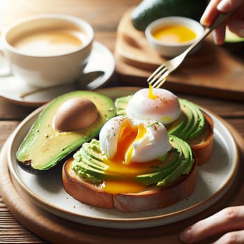 A plate of avocado toast with poached eggs, a cup of coffee, and a side of avocado and honey. A high-quality AI-generated photo.