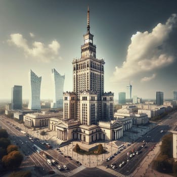 An aerial view of the Palace of Culture and Science in Warsaw, Poland, surrounded by modern skyscrapers. A high-quality AI-generated photo.