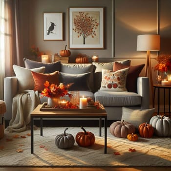A cozy living room decorated for autumn, with a couch, pumpkins, and candles. A high-quality AI-generated photo.
