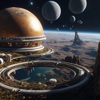 A futuristic space station with a dome and a lake, orbiting a planet. A high-quality AI-generated photo.