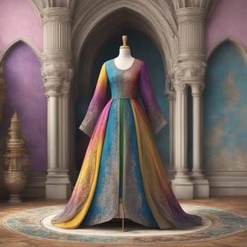 A colorful, long dress with a rainbow design, displayed on a mannequin in a grand hall. A high-quality AI-generated photo.