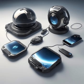 A set of futuristic gadgets connected to a smartphone. A high-quality AI-generated photo.