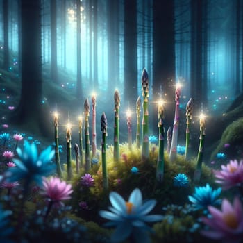 A forest scene with glowing asparagus spears and blue and pink flowers. A high-quality AI-generated photo.