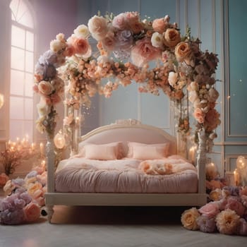 A canopy bed decorated with pink and white flowers, candles, and fairy lights. A high-quality AI-generated photo.