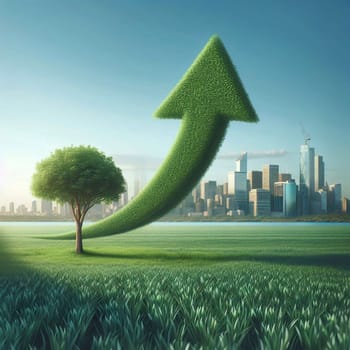 A green arrow made of grass, growing up from a tree in a field, with a cityscape in the background. It symbolizes growth and environmental sustainability. A high-quality AI-generated photo.