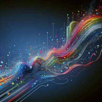 A wave of colorful lines and dots on a blue background, representing data and information flow. A high-quality AI-generated photo.