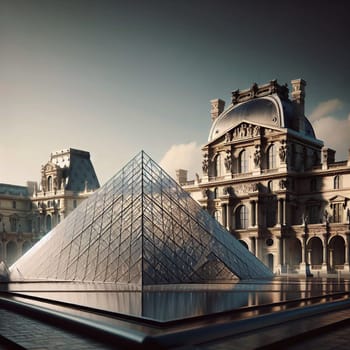 A view of the Louvre Museum in Paris, with the iconic glass pyramid in front. A high-quality AI-generated photo.