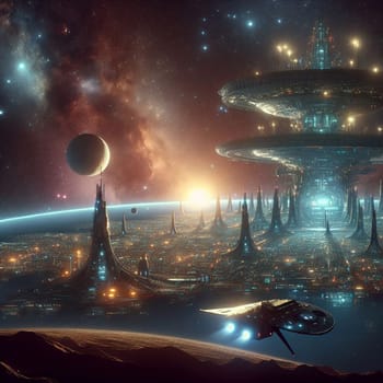 A futuristic space station orbiting a planet with a cityscape in the foreground and a spaceship flying towards it. A high-quality AI-generated photo.