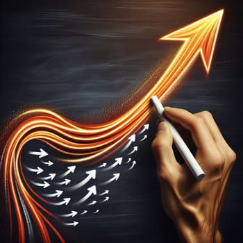 A hand drawing an orange arrow on a blackboard. The arrow is pointing upwards, while smaller white arrows are pointing downwards, representing overcoming challenges. A high-quality photo.