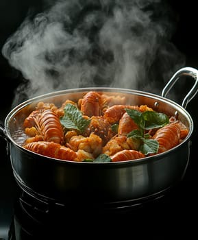 crawfish in a hot pot, full of red sauce . AI generative.