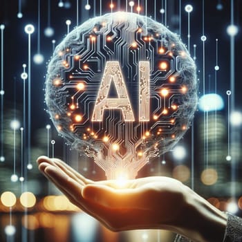 A hand holding a glowing AI orb, representing artificial intelligence. A high-quality AI-generated photo.