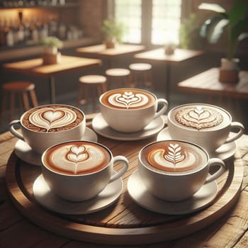 A wooden tray with five cups of coffee, each decorated with intricate latte art. A high-quality AI-generated photo.