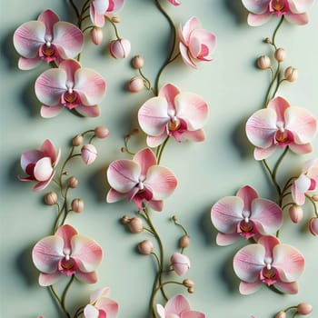 A pattern of pink and white orchid flowers on a light green background. The flowers are arranged in a repeating pattern. A high-quality AI-generated photo.
