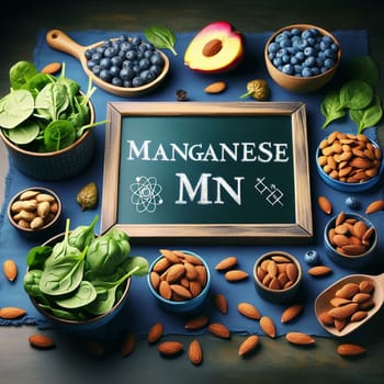 A chalkboard with the word MANGANESE and the chemical symbol MN, Surrounding the chalkboard are bowls of blueberries, spinach, almonds, and other foods rich in manganese. A high-quality AI-generated photo.