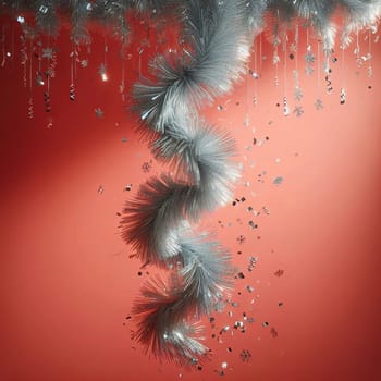 A silver, swirling, Christmas decoration hanging from a red background. There is silver confetti falling around it. A high-quality AI-generated photo.