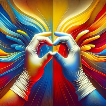 Two hands, wearing white latex gloves, are forming a heart shape. The hands are set against a colorful abstract background. A high-quality AI-generated photo.